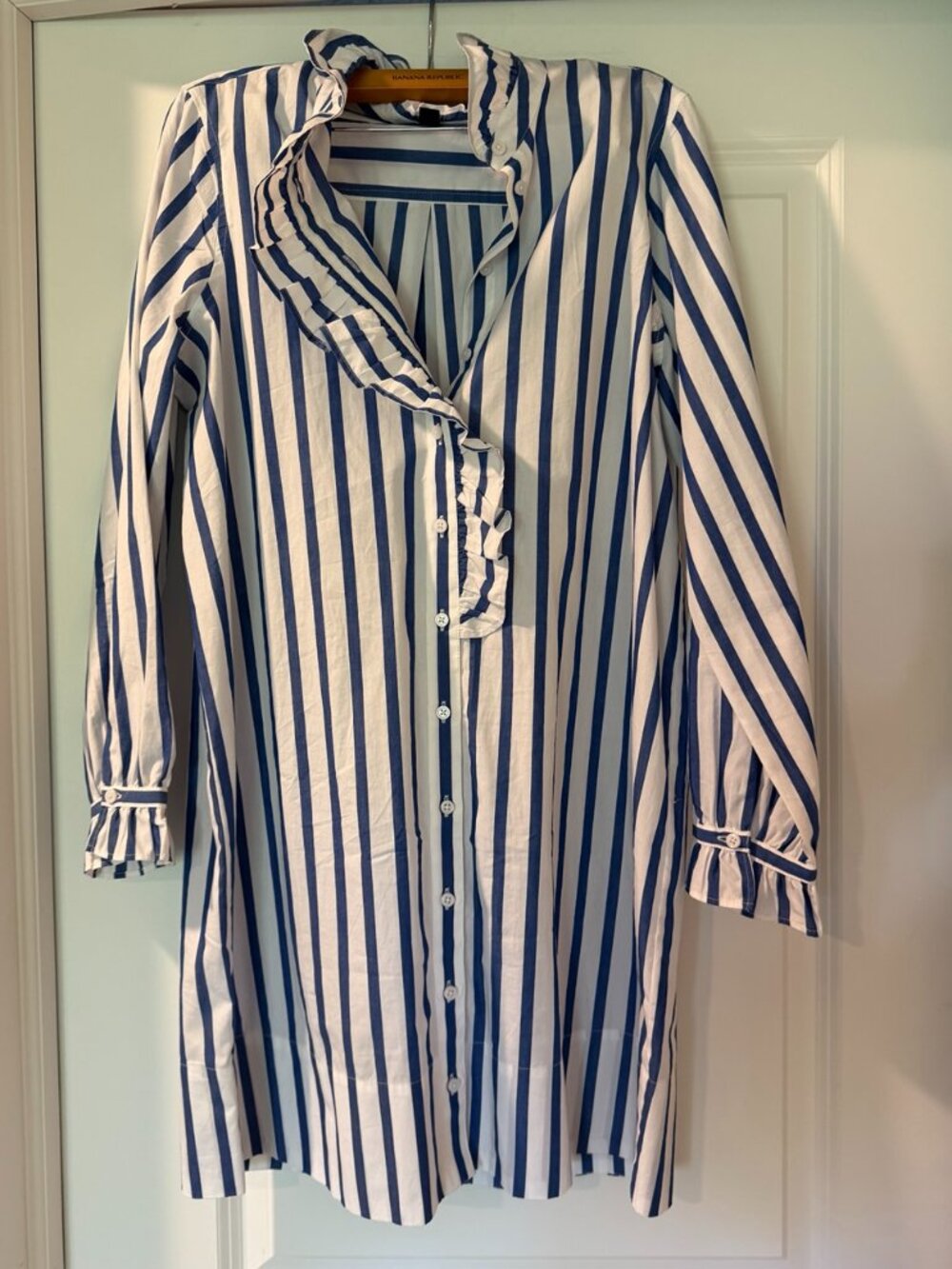 J.Crew Blue White Striped Ruffle Button Front Shirt Dress Size 4